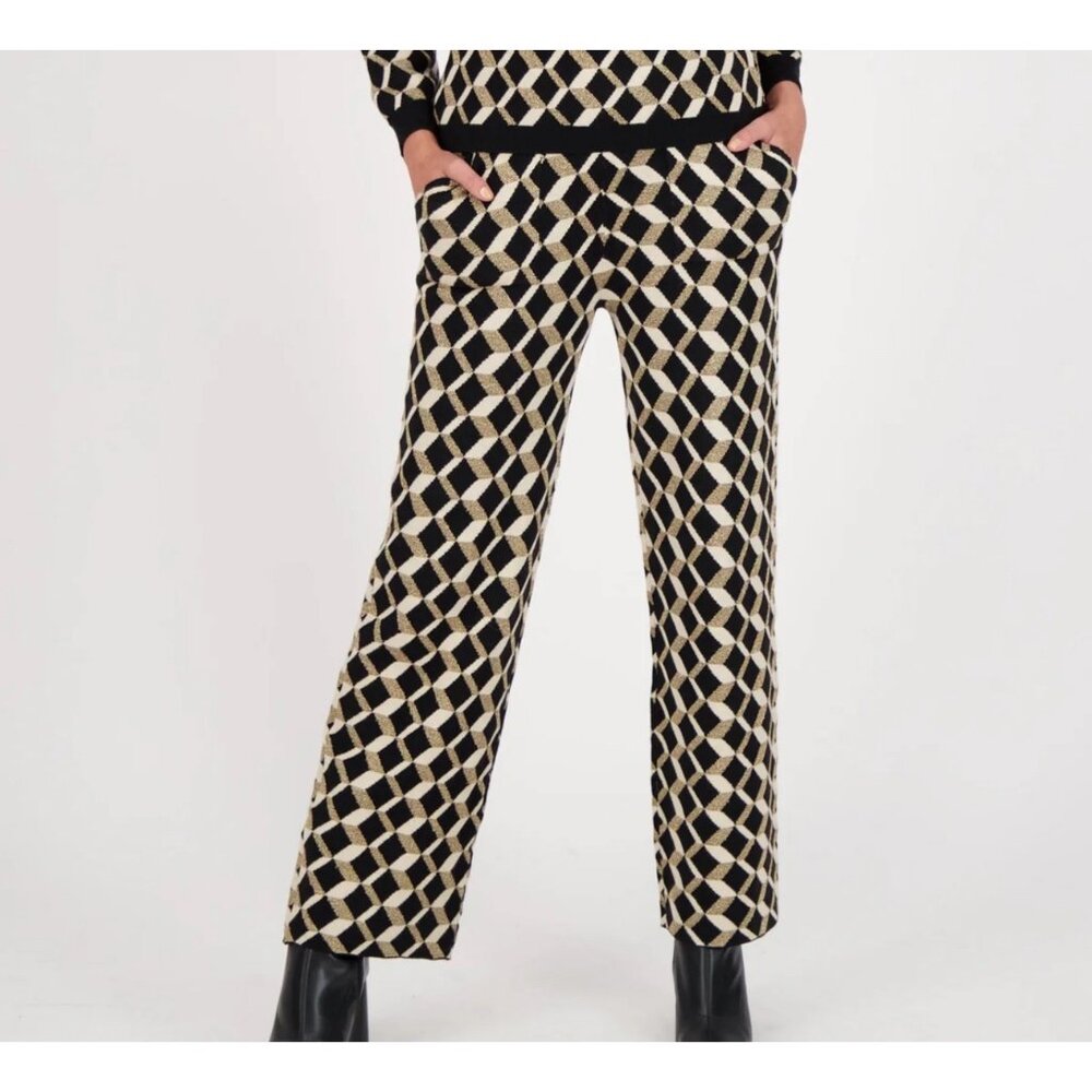 NWT Spanner Black/Cream Wide Leg Chevron Jacquard Jersey Pant Soft Knit Casual L